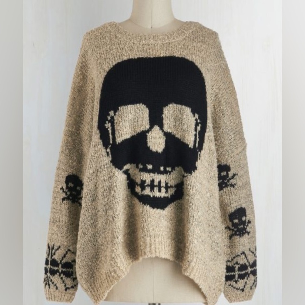 Big Skull Chunky Crew Sweater Khaki  & Black Sz Med Large